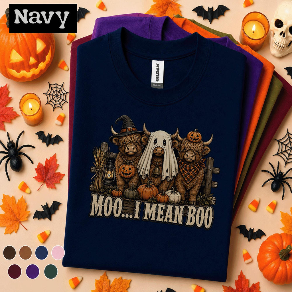 Moo I Mean Boo Halloween Shirt, Highland Cow Ghost Tee, Funny Farm Halloween Gift, Pumpkin Cow Shirt, Cute Spooky Fall Tee