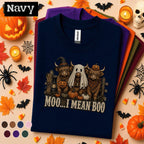Moo I Mean Boo Halloween Shirt, Highland Cow Ghost Tee, Funny Farm Halloween Gift, Pumpkin Cow Shirt, Cute Spooky Fall Tee