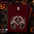 Gothic Skeleton Hands Halloween Shirt, Dark Floral Heart Tee, Black Rose Spooky Shirt, Witchy Goth Gift, Celestial Halloween Tee