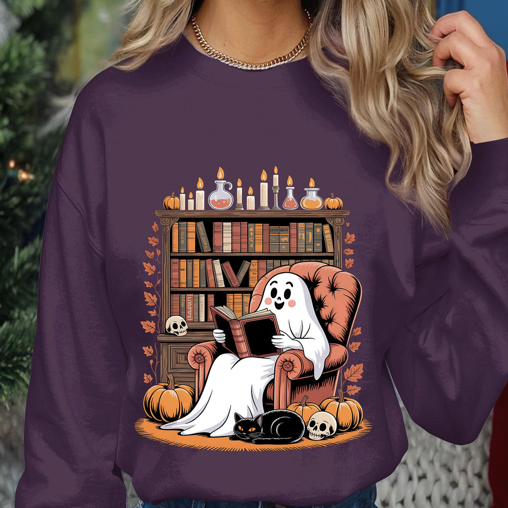Library Ghost Reading Halloween Shirt, Cozy Spooky Book Lover Tee, Ghost with Bookshelf Sweatshirt, Librarian Halloween Reading Gift Shirt