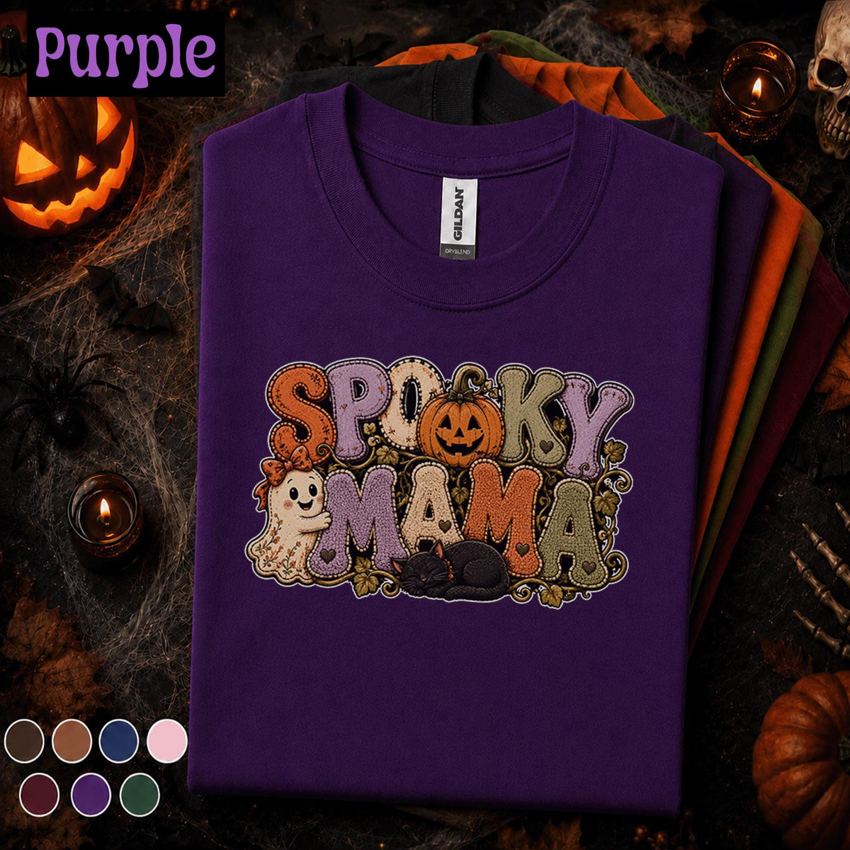 Spooky Mama Halloween Shirt, Cute Ghost Pumpkin Cat Tee, Retro Halloween Mom Shirt, Cozy Fall Spooky Season Gift for Mom