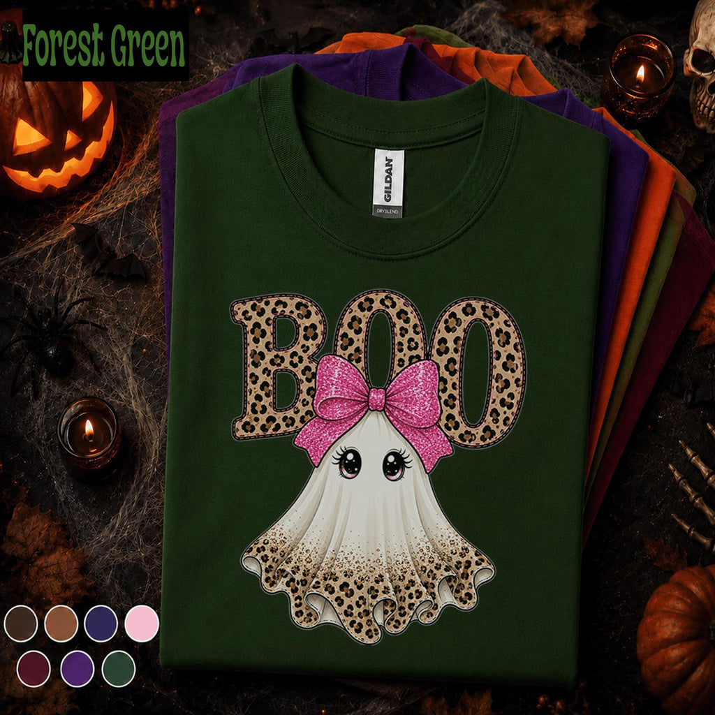 Boo Halloween Shirt, Cute Ghost Tee, Pink Bow Halloween Top, Leopard Print Ghost Shirt, Girly Spooky Season Tee, Fall Gift