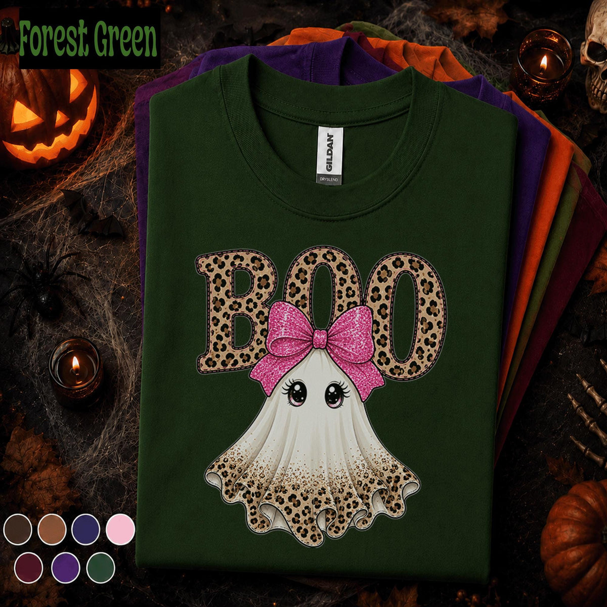 Boo Halloween Shirt, Cute Ghost Tee, Pink Bow Halloween Top, Leopard Print Ghost Shirt, Girly Spooky Season Tee, Fall Gift