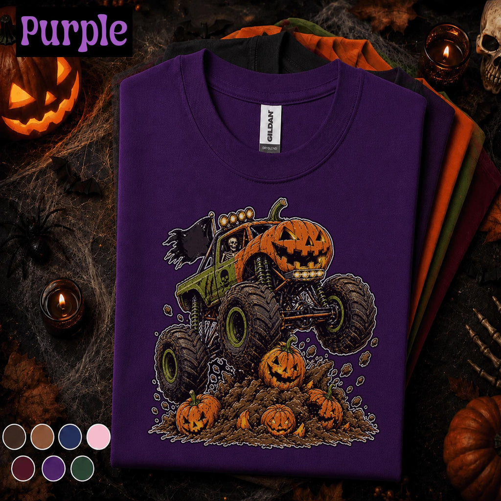 Pumpkin Monster Truck Halloween Shirt, Jack O Lantern Truck Tee, Spooky Racing T Shirt, Kids Skeleton Driver Halloween Gift for Truck Lovers