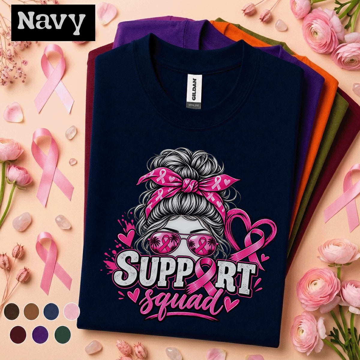 Breast Cancer Awareness Shirt, Support Squad Pink Ribbon Tee, Messy Bun Supporter Shirt, Pink October Cancer Fighter Family Gift