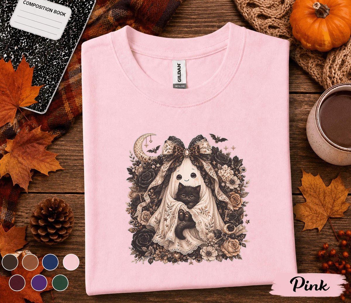 Cute Ghost Cat Halloween Shirt, Black Kitten Boo Tee, Spooky Floral Ghost T-Shirt, Gothic Autumn Cat Lover Gift, Witchy Fall Shirt