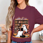 Library Ghost Reading Halloween Shirt, Cozy Spooky Book Lover Tee, Ghost with Bookshelf Sweatshirt, Librarian Halloween Reading Gift Shirt