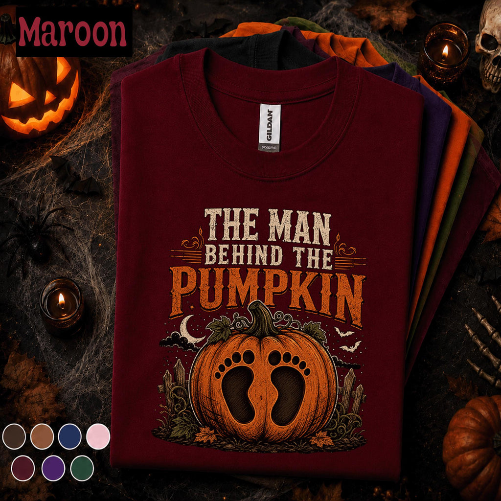 The Man Behind The Pumpkin Halloween Shirt, Funny Dad Halloween Tee, Pregnancy Reveal Shirt, New Dad Pumpkin Fall Announcement Gift Tee