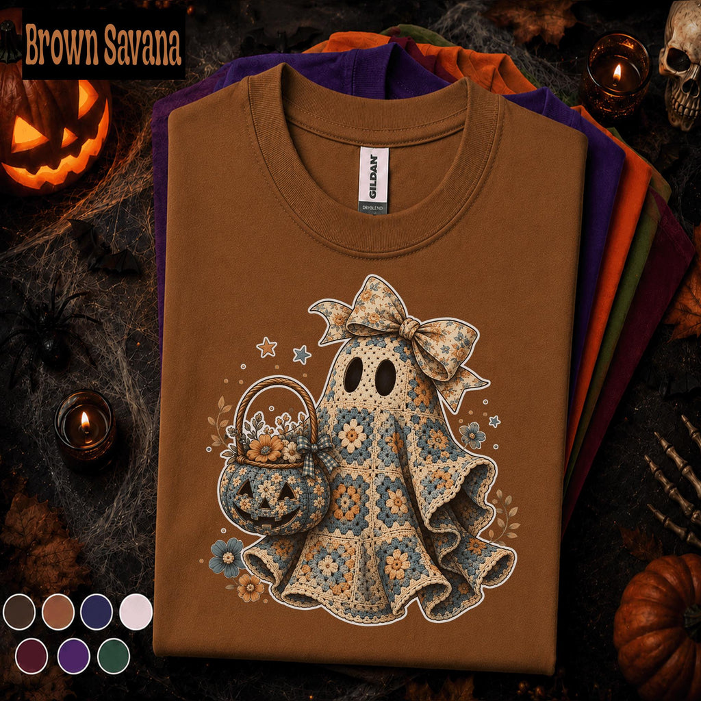 Crochet Ghost Halloween Shirt, Granny Square Ghost Tee, Cute Floral Pumpkin T Shirt, Cottagecore Spooky Season Gift for Women Girls