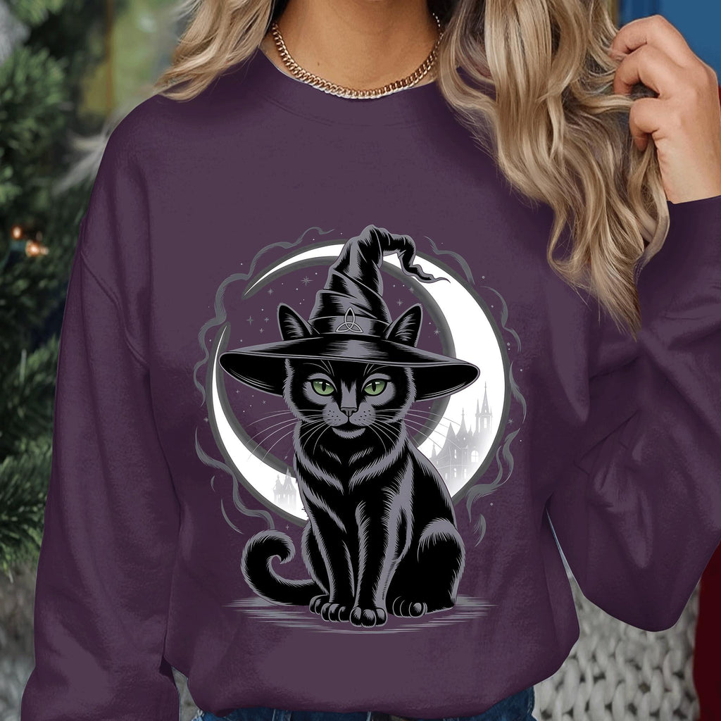 Halloween black cat hat and crescent moon shirt, spooky gothic cat lover Tee, magical witchy vibe apparel, Halloween Cat Sweatshirt