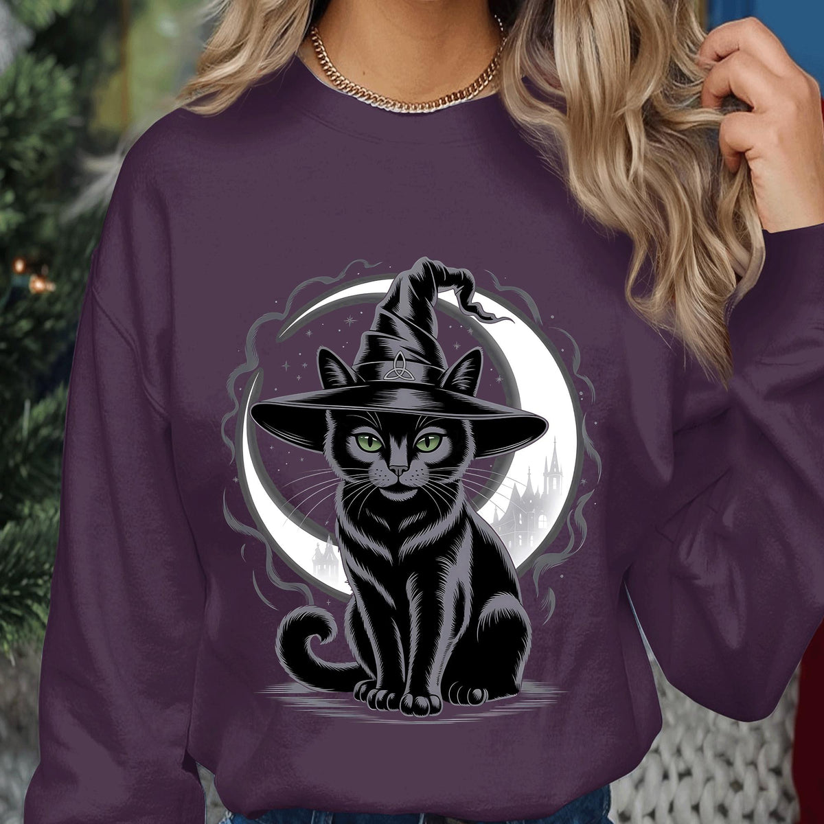 Halloween black cat hat and crescent moon shirt, spooky gothic cat lover Tee, magical witchy vibe apparel, Halloween Cat Sweatshirt