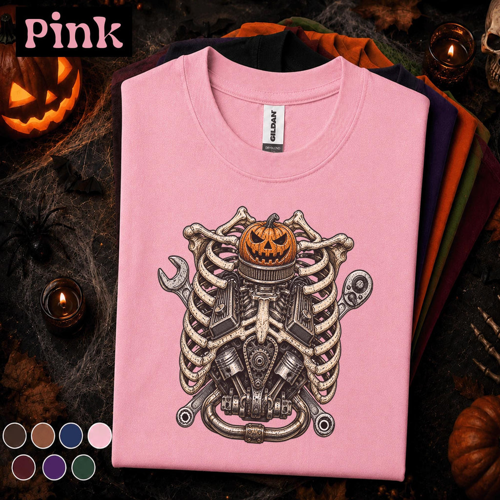 Mechanic Halloween Shirt, Skeleton Engine Rib Cage Tee, Pumpkin Auto Mechanic Gift, Spooky Garage Technician Vintage Halloween T-Shirt