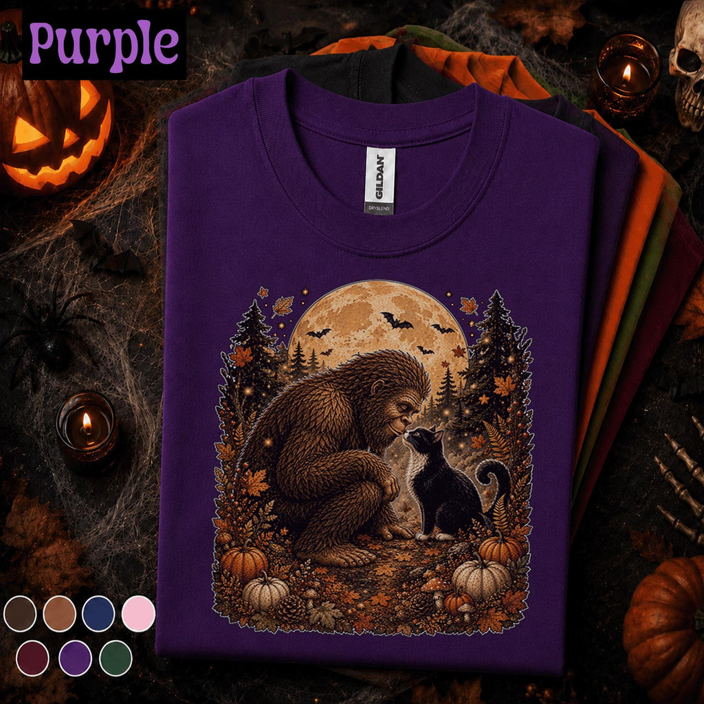 Bigfoot Halloween Shirt, Sasquatch Black Cat Tee, Full Moon Cryptid, Spooky Forest Fall Shirt, Pumpkin Halloween Gift for Cat Lovers