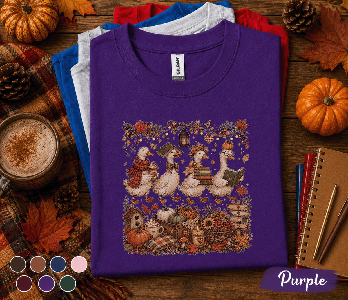 Cute Autumn Goose Shirt, Cozy Fall Reading Goose Tee, Cottagecore Duck Pumpkin T-Shirt, Book Lover Thanksgiving Gift, Harvest Season Outfit