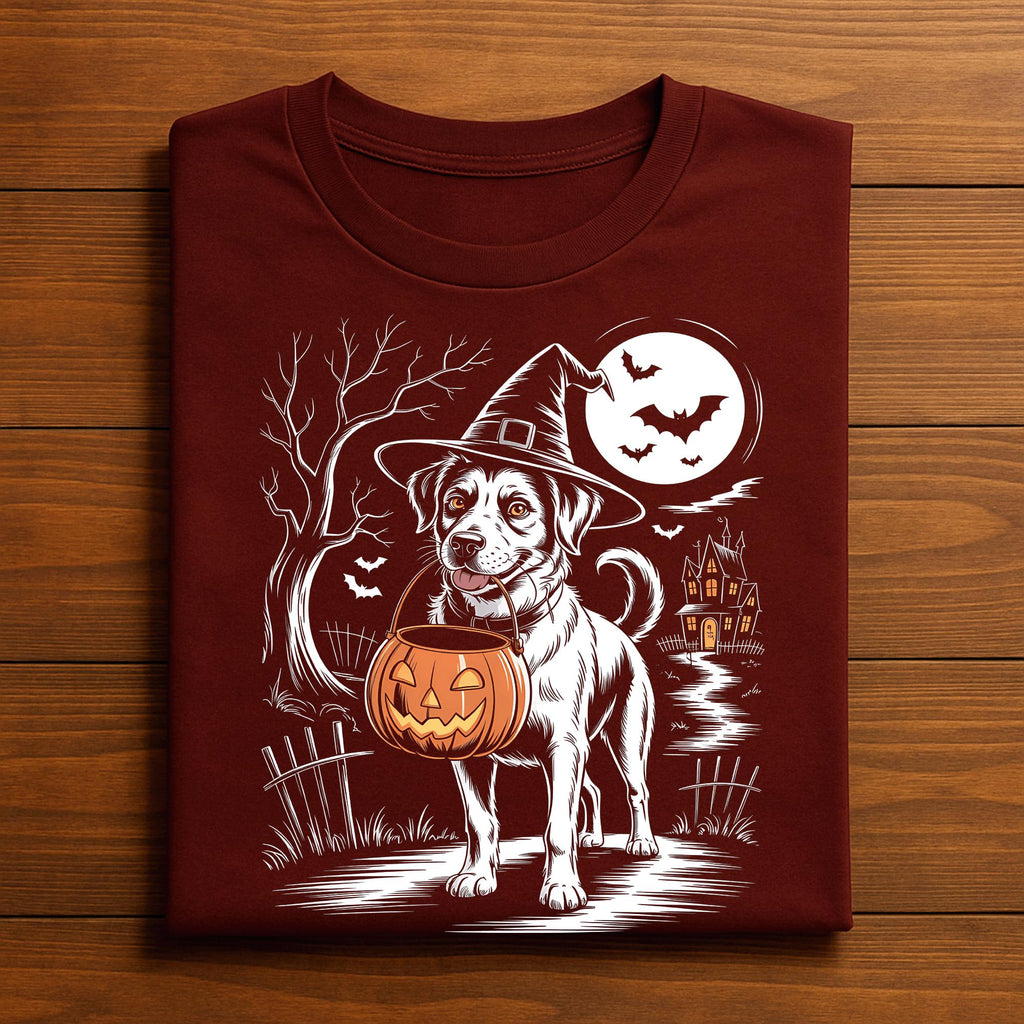 Halloween Dog Shirt with Witch Hat and Pumpkin, Cute Dog Halloween Costume Shirt, Spooky Haunted Night Scene Tee, Dog Lover Gift Sweatshirt
