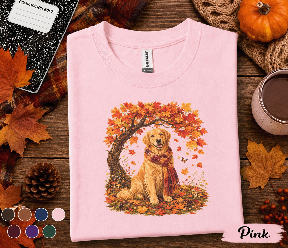 Golden Retriever Fall Shirt, Cozy Autumn Dog Tee, Golden Retriever Pumpkin Sweatshirt, Fall Leaves Scarf Puppy Shirt, Thanksgiving Pet Gift