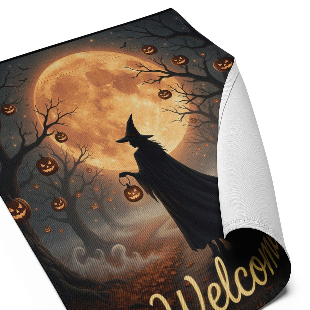 Witch Halloween Garden Flag with Pumpkin Lantern and Blood Moon, Spooky Welcome Yard Decor, Gothic Fall Outdoor Sign for Haunted House Vibes