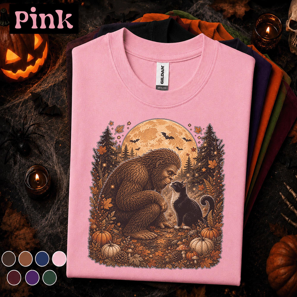 Bigfoot Halloween Shirt, Sasquatch Black Cat Tee, Full Moon Cryptid, Spooky Forest Fall Shirt, Pumpkin Halloween Gift for Cat Lovers