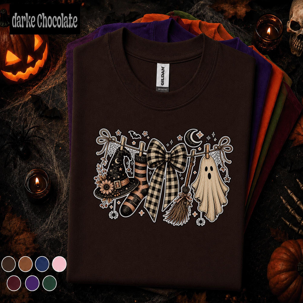 Witchy Ghost Halloween Shirt, Spooky Season T Shirt, Checkered Bow Tee, Witch Hat Broom Shirt, Cute Coquette Halloween Gift