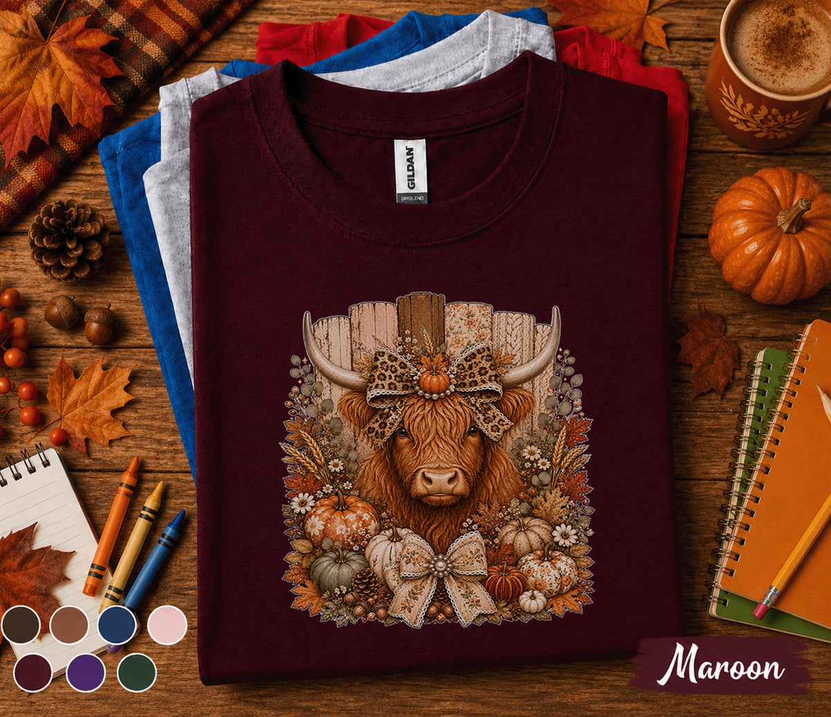 Highland Cow Fall Shirt, Cute Highland Cow Pumpkin Sweatshirt, Farmer Autumn Farmhouse Tee, Cozy Harvest Cow Gift, Western Fall Shirt Women