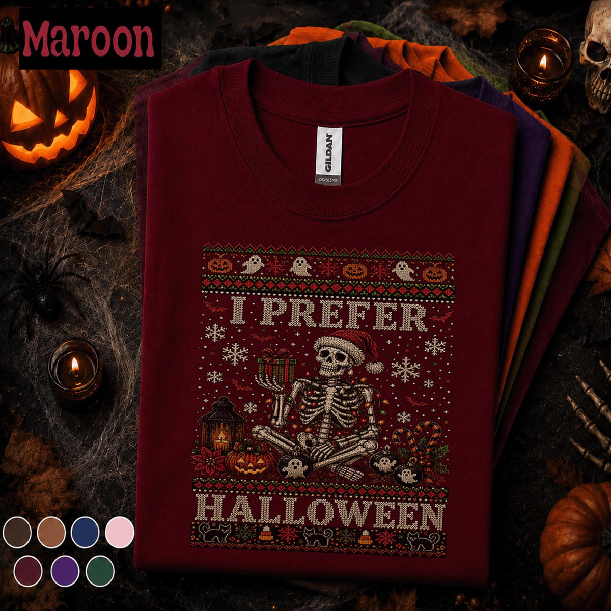I Prefer Halloween Christmas Shirt, Skeleton Santa Spooky Holiday Tee, Funny Halloween Christmas T Shirt, Gothic Xmas Skeleton Gift Tee