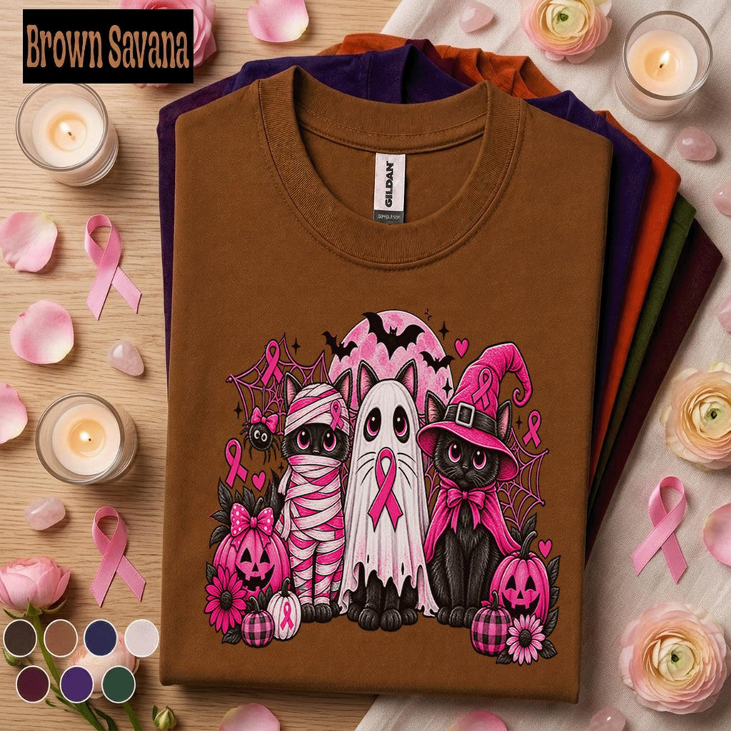 Breast Cancer Awareness Halloween Shirt, Pink Ribbon Black Cat Tee, Spooky October Cancer Support Shirt, Halloween Pink Out Survivor Gift