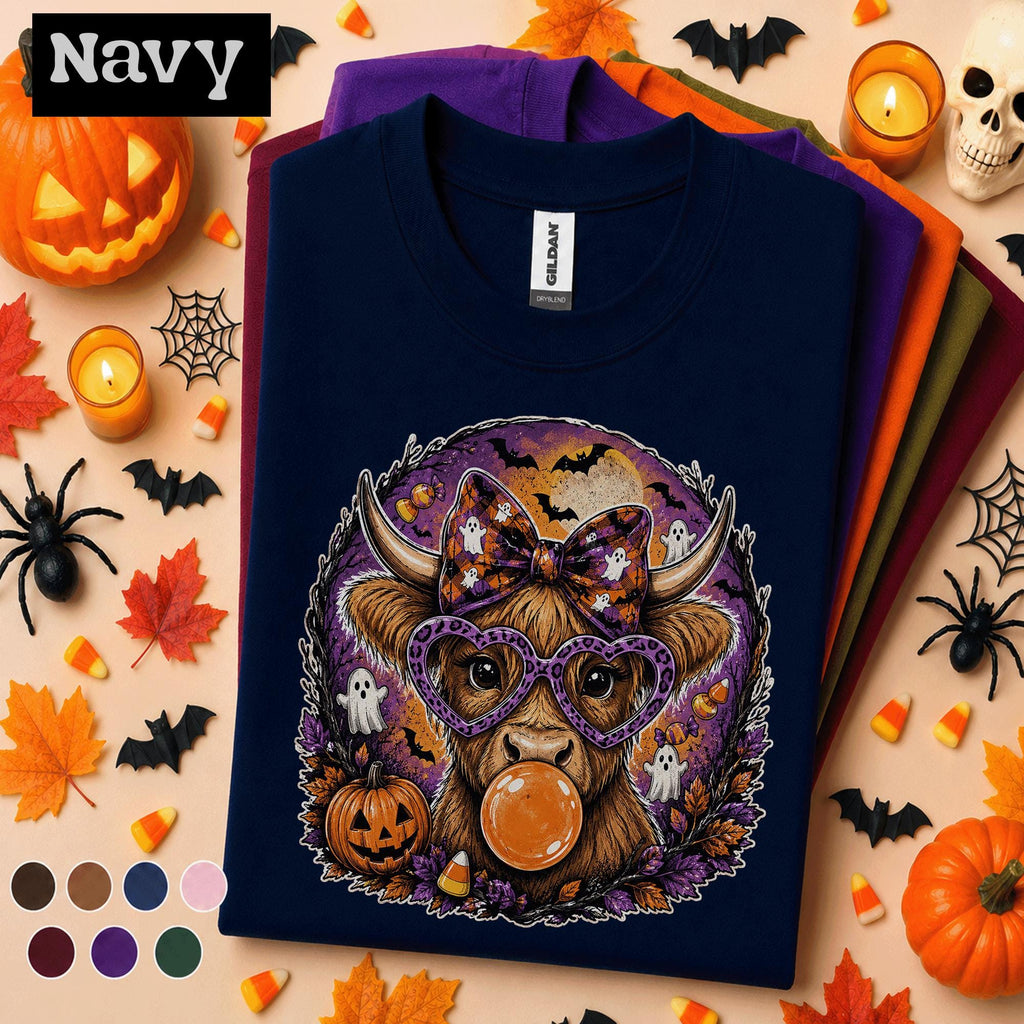 Highland Cow Halloween Shirt, Cute Spooky Cow Tee, Ghost Pumpkin T Shirt, Halloween Cow Gift, Retro Fall Farmhouse Tee For Her