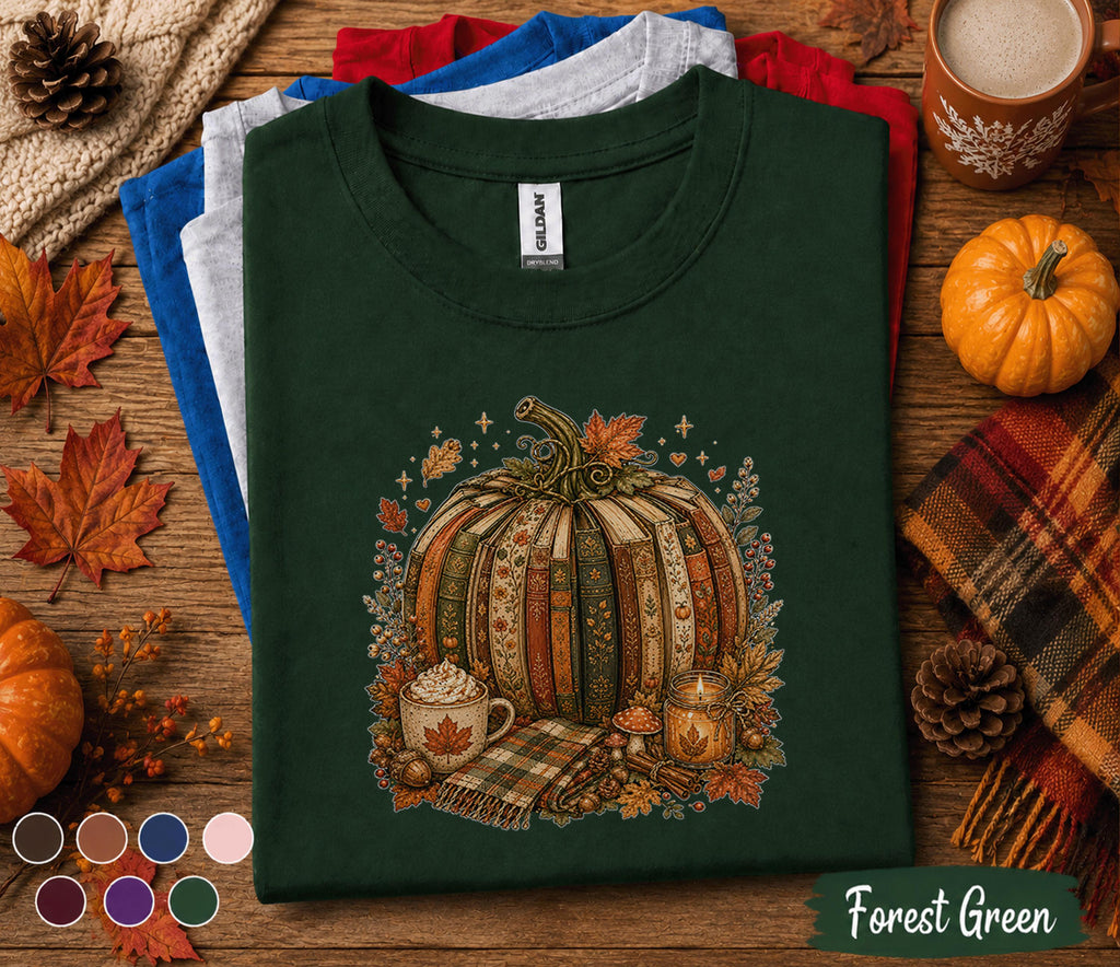 Cozy Pumpkin Books Shirt, Autumn Book Lover Tee, Patchwork Pumpkin Fall T-Shirt, Cottagecore Thanksgiving Outfit, Pumpkin Spice Gift