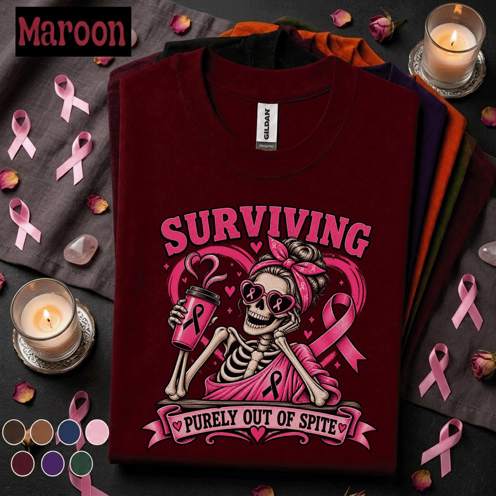 Breast Cancer Survivor Shirt, Surviving Purely Out of Spite Tee, Pink Ribbon Skeleton Shirt, Funny October Awareness Gift for Women