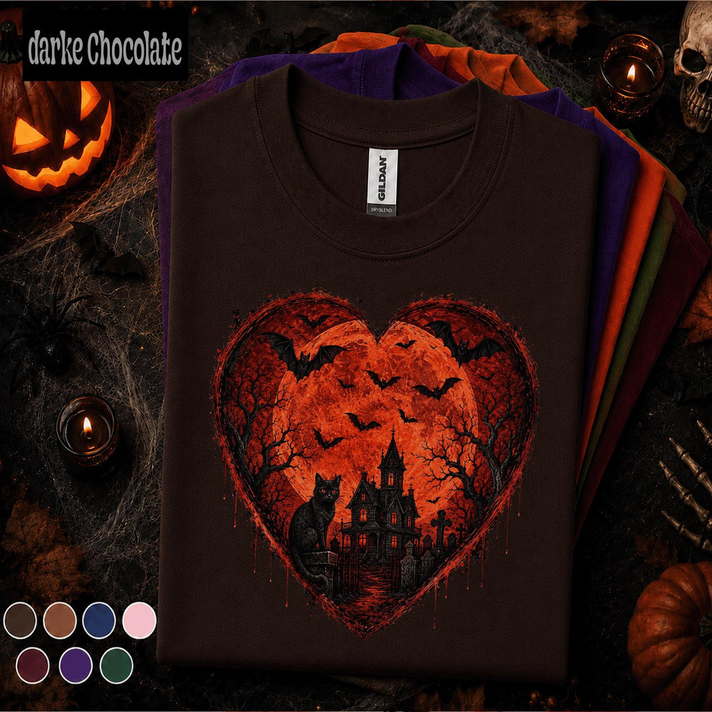 Gothic Halloween Shirt couple, Haunted House Black Cat Tee, Red Moon Bat Tshirt, Spooky Heart Halloween Gift, Dark Goth Shirt