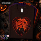 Gothic Halloween Shirt couple, Haunted House Black Cat Tee, Red Moon Bat Tshirt, Spooky Heart Halloween Gift, Dark Goth Shirt