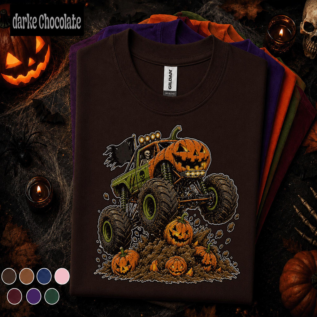 Pumpkin Monster Truck Halloween Shirt, Jack O Lantern Truck Tee, Spooky Racing T Shirt, Kids Skeleton Driver Halloween Gift for Truck Lovers