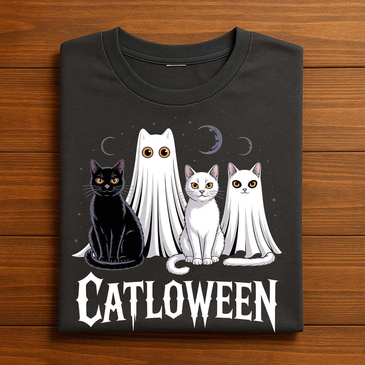 Catloween Shirt with Black Cat and Ghost Cats Sweatshirt, Cute Spooky Cat Lover Halloween Tee