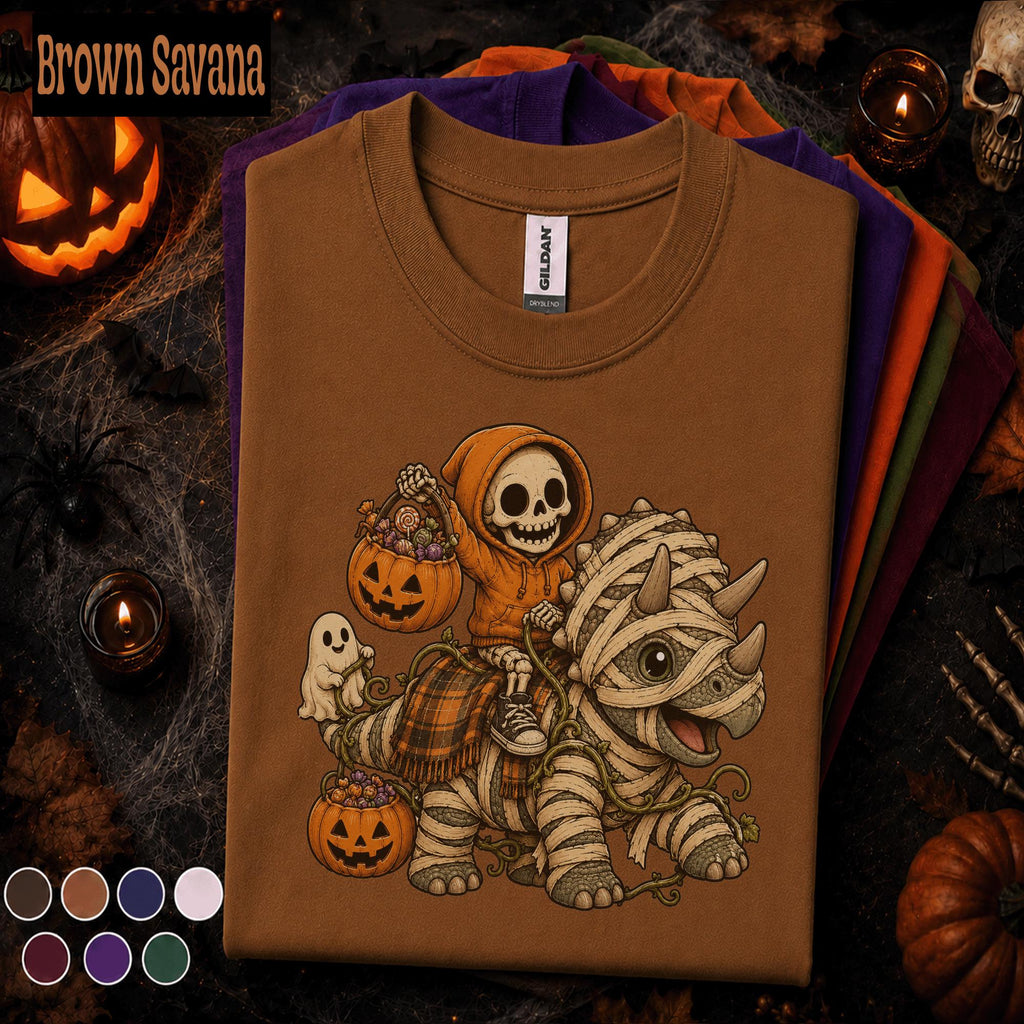 Cute Mummy Dinosaur Halloween Shirt, Skeleton Tee, Spooky Dino T Shirt, Pumpkin Ghost Fall Gift, Kids Youth Boys Halloween Top