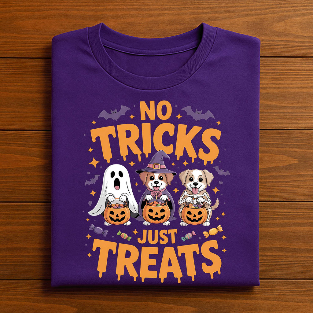 No Tricks Just Treats Shirt, Cute Halloween Dogs in Ghost Witch Skeleton Costumes Holding Pumpkin