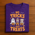 No Tricks Just Treats Shirt, Cute Halloween Dogs in Ghost Witch Skeleton Costumes Holding Pumpkin