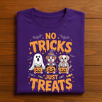 No Tricks Just Treats Shirt, Cute Halloween Dogs in Ghost Witch Skeleton Costumes Holding Pumpkin
