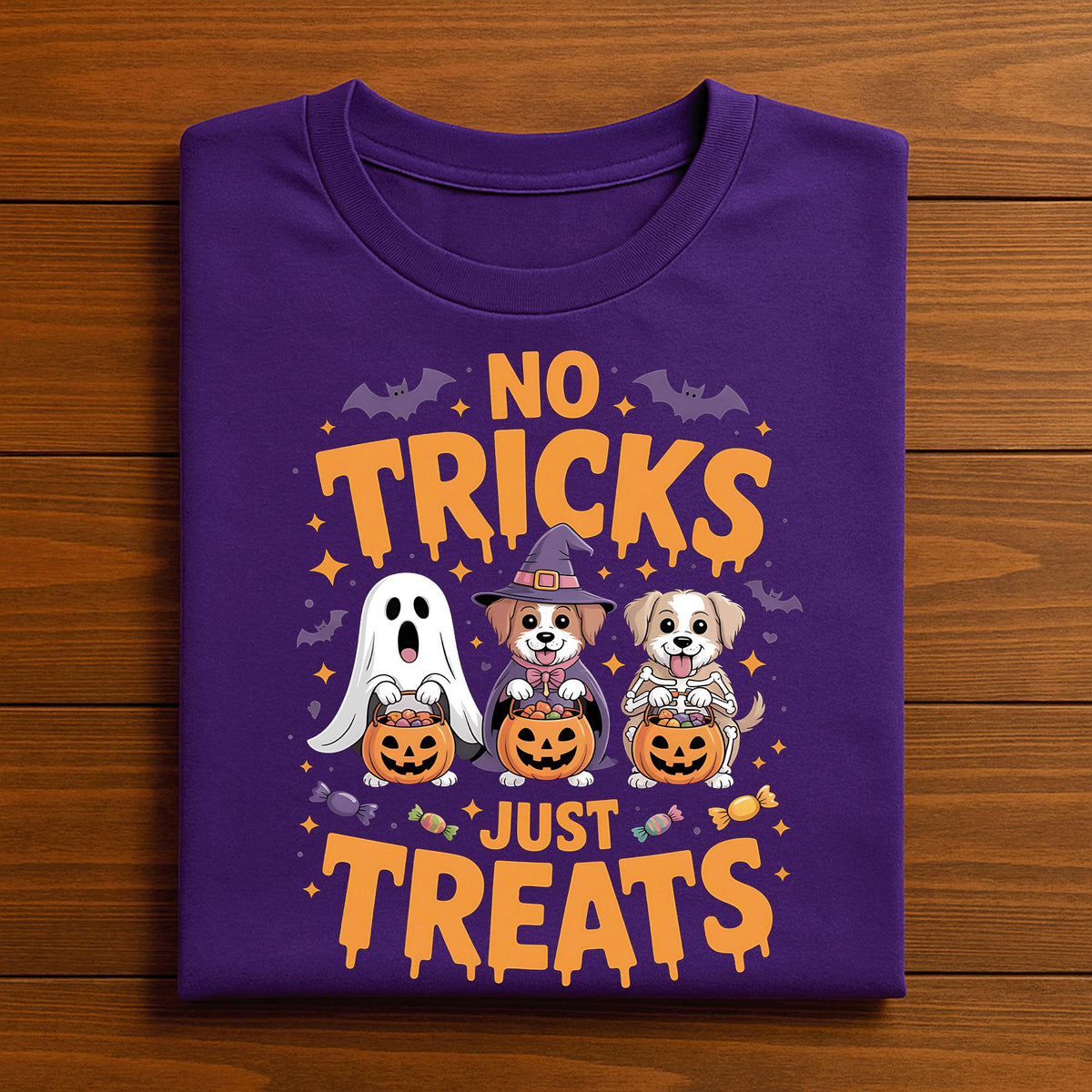 No Tricks Just Treats Shirt, Cute Halloween Dogs in Ghost Witch Skeleton Costumes Holding Pumpkin