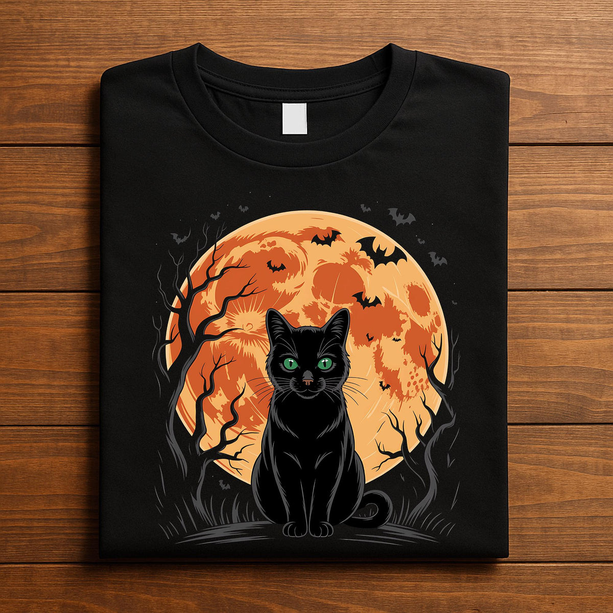 Halloween black cat shirt with spooky full moon, creepy haunted forest scene