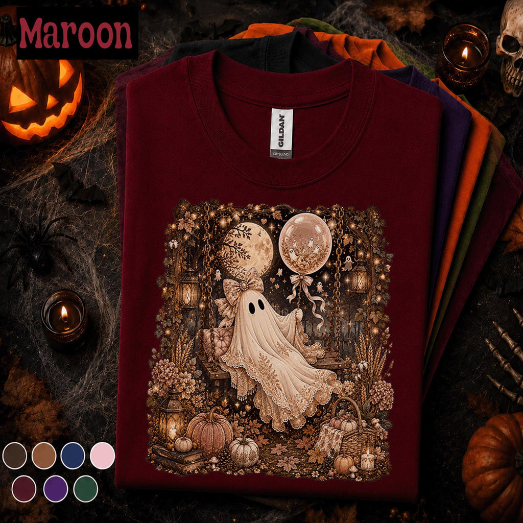 Cozy Ghost Halloween Shirt, Vintage Fall Ghost Tee, Cute Spooky Season Shirt, Pumpkin Moon Cottagecore Tee, Autumn Ghost Lover Gift