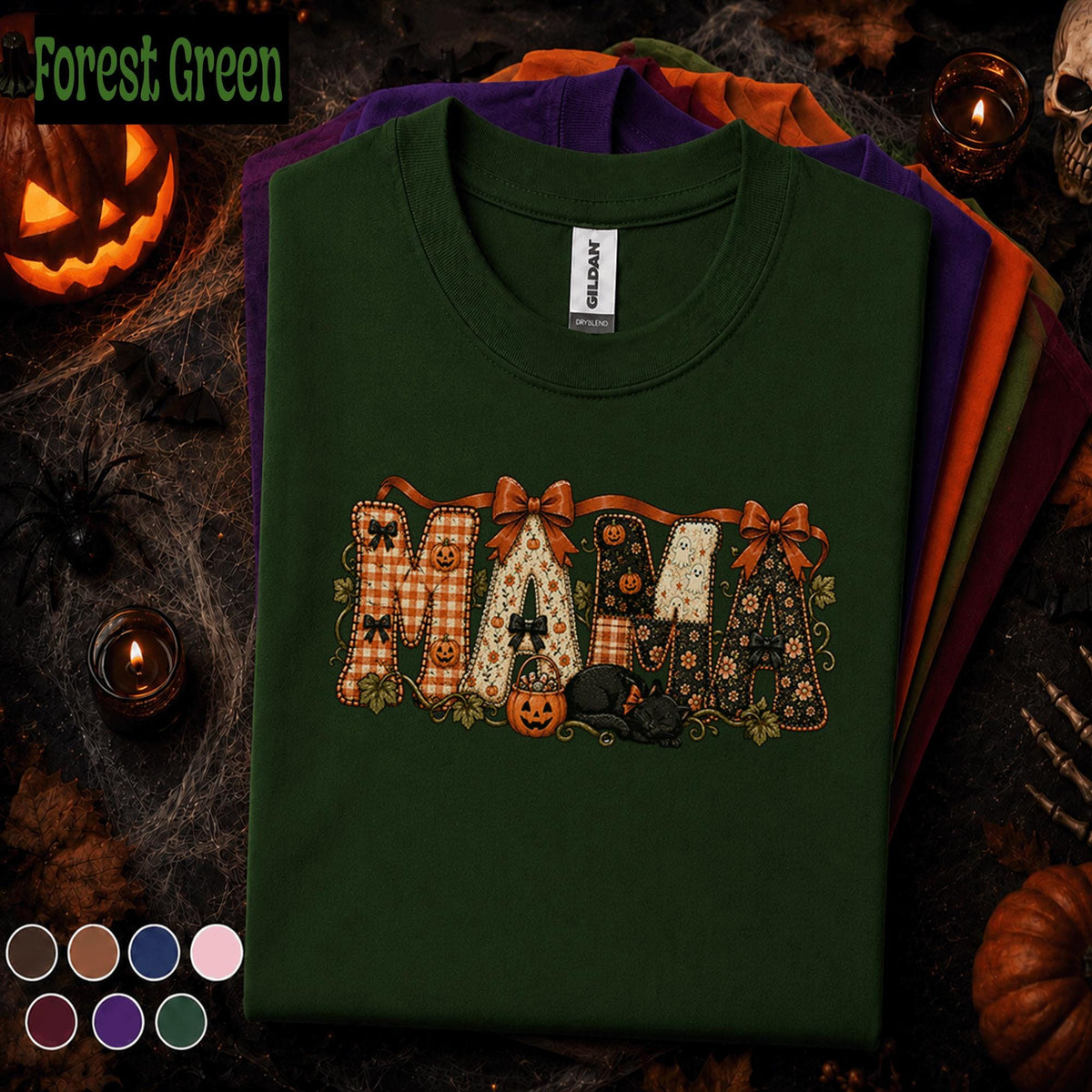 Mama Halloween Shirt, Retro Patchwork Pumpkin Mom Tee, Black Cat Spooky Mama Shirt, Cute Fall Halloween Gift for Mom Autumn Tee