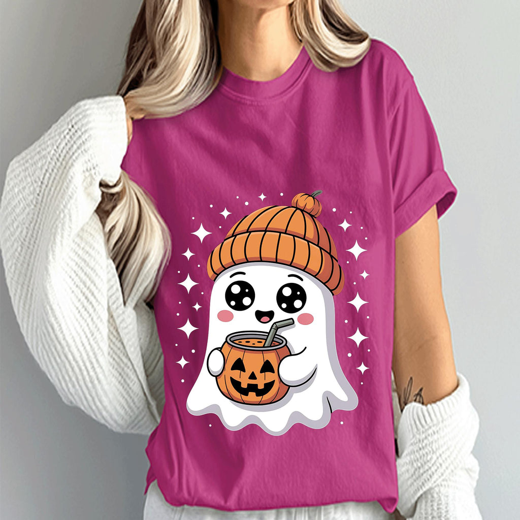 Cute Ghost Shirt with Pumpkin Beanie, Halloween Shirt, Kawaii Halloween Tee, Coffee Fall Ghost Sweatshirt, Spooky Season Cute Halloween Gift