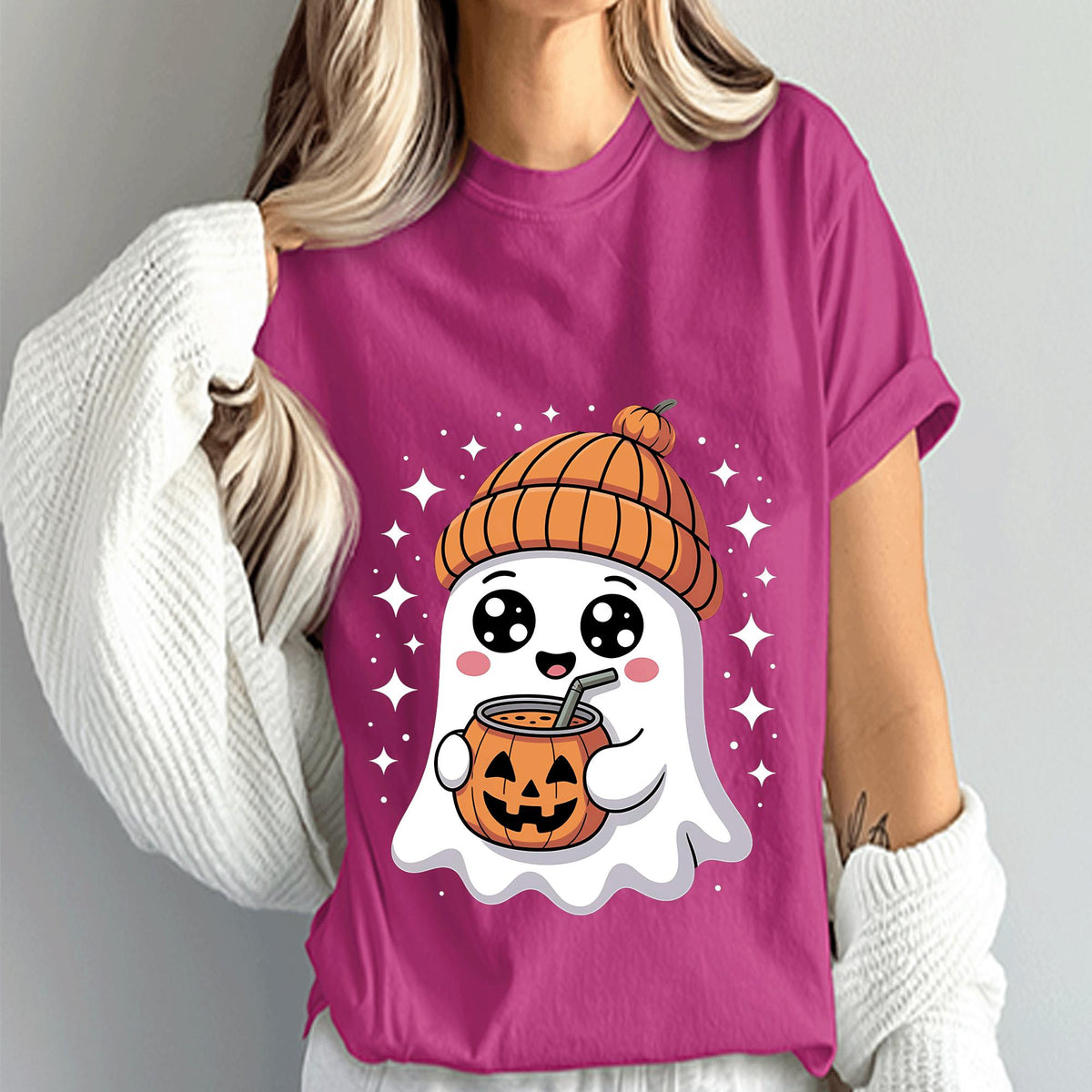 Cute Ghost Shirt with Pumpkin Beanie, Halloween Shirt, Kawaii Halloween Tee, Coffee Fall Ghost Sweatshirt, Spooky Season Cute Halloween Gift