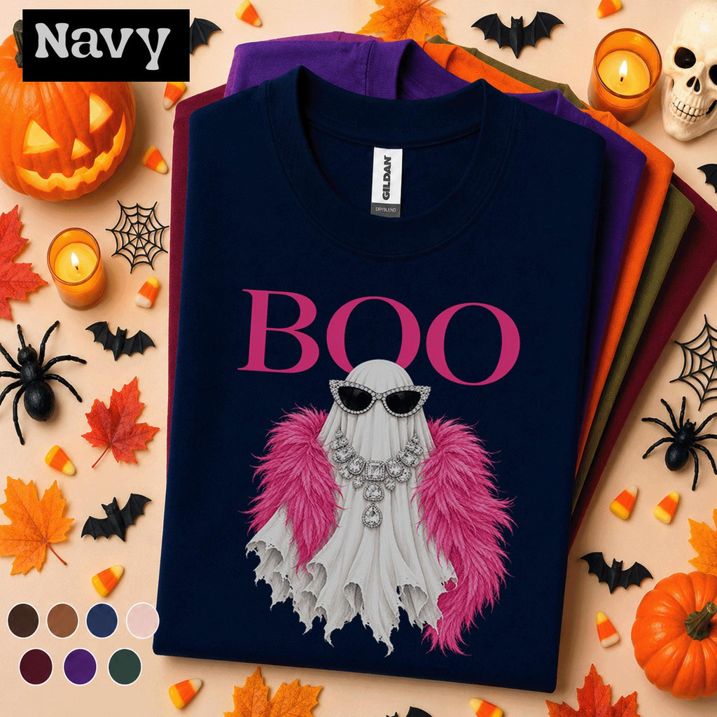 Boo Ghost Halloween Shirt, Pink Glam Ghost Tee, Girly Spooky Season Shirt, Rhinestone Fashion Ghost, Cute Halloween Gift for Women