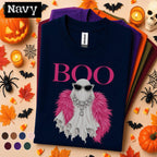 Boo Ghost Halloween Shirt, Pink Glam Ghost Tee, Girly Spooky Season Shirt, Rhinestone Fashion Ghost, Cute Halloween Gift for Women
