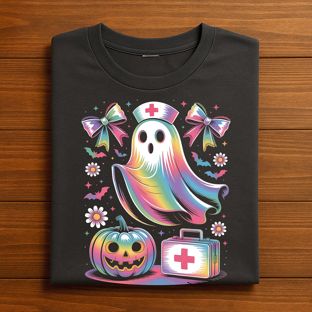 Rainbow Ghost Nurse Shirt, Pastel Halloween Nurse T-Shirt, Cute Halloween Shirt for Nurses, Ghost Tee with Pumpkin, RN Halloween Sweatshirt