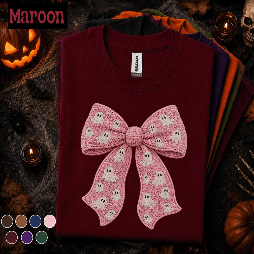 Pink Ghost Bow Halloween Shirt, Coquette Spooky Season Tee, Cute Crochet Ghost Shirt, Girly Halloween Bow Tee, Boo Gift for Women