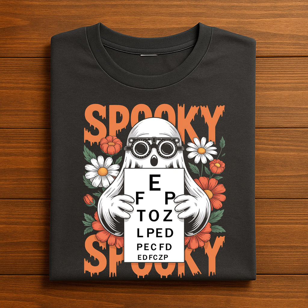 Spooky Optometrist Halloween Shirt, Ghost Holding Eye Chart Tee with Glasses, Optometry Halloween Shirts Optician Spooky Optometrist Crew