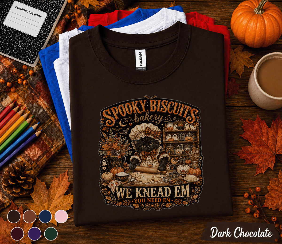 Spooky Biscuits Bakery Shirt, Halloween Black Cat Baker Tee, Cute Ghost Cookie T-Shirt, Witchy Baking Gift, Spooky Season Fall Shirt