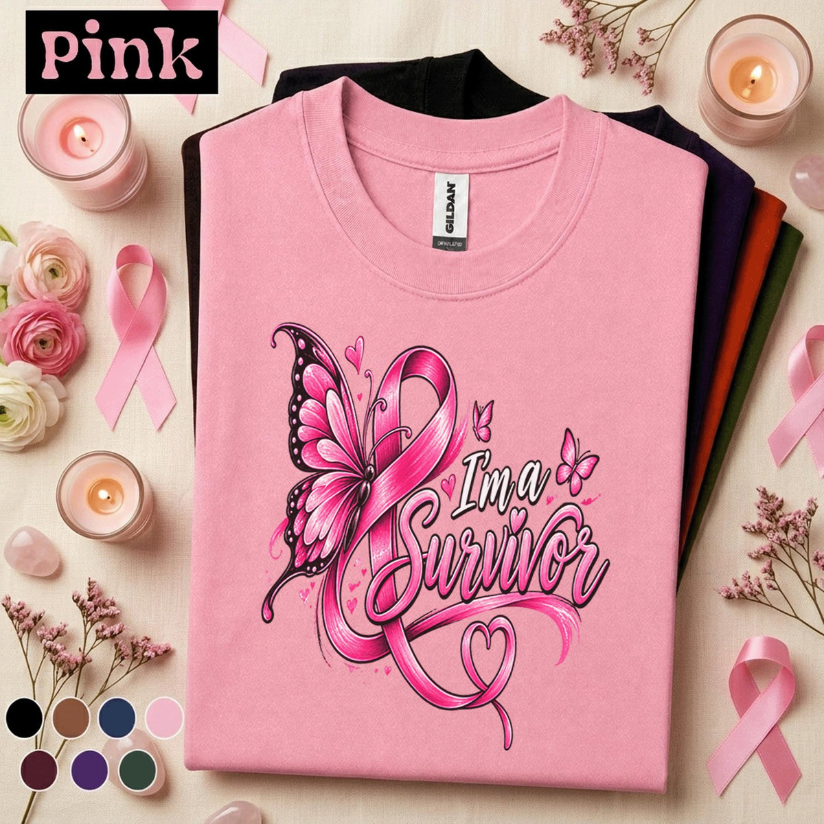 Breast Cancer Survivor Shirt, I'm a Survivor Pink Ribbon Tee, Butterfly Awareness Shirt, Inspirational Warrior Gift for Women Pink October